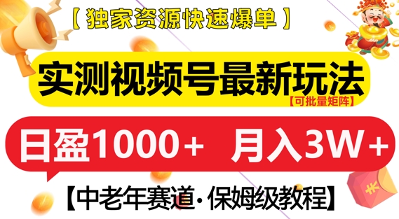 实测视频号最新玩法，中老年赛道，独家资源，月入过W+【揭秘】-泱泱学习社