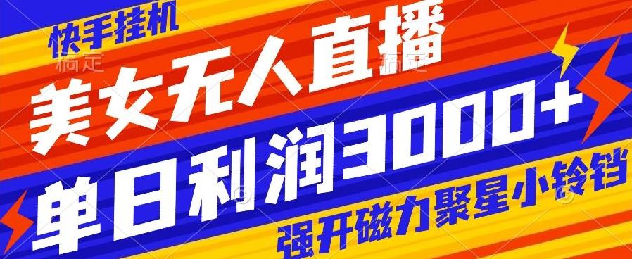 快手挂机，美女无人直播，强开磁力聚星小铃铛，日入3000+-泱泱学习社