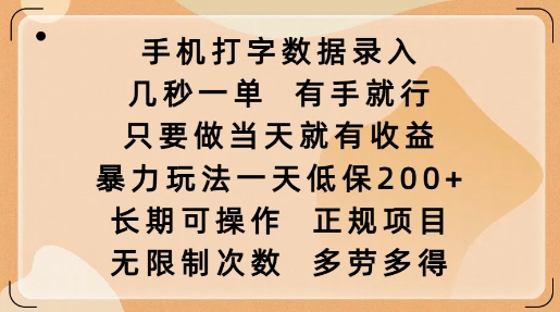 手机打字数据录入，几秒一单，有手就行，只要做当天就有收益，暴力玩法一天低保2张-泱泱学习社