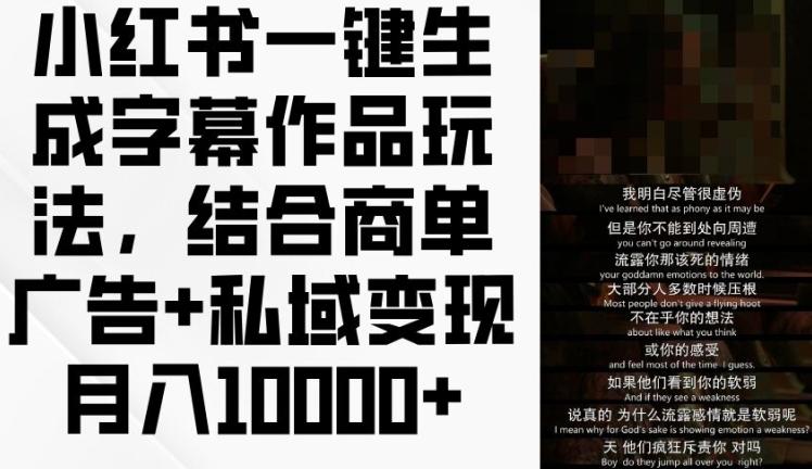 小红书一键生成字幕作品玩法，结合商单广告+私域变现月入1w+【揭秘】-泱泱学习社