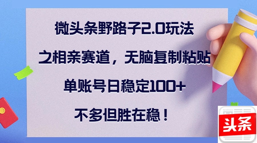 微头条野路子2.0玩法之相亲赛道，无脑复制粘贴，单账号日稳定100+，不…-泱泱学习社