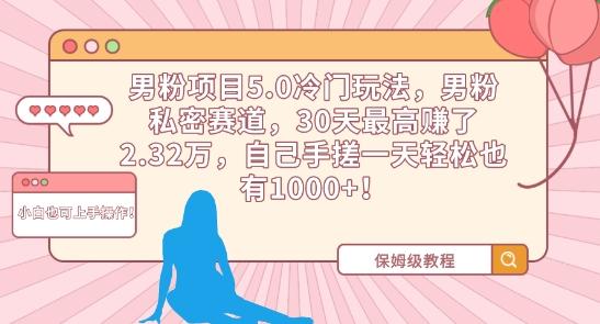 男粉项目5.0冷门玩法，男粉私密赛道，30天最高赚了2.32万，自己手搓一天轻松也有1000+【揭秘】-泱泱学习社