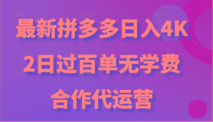 最新拼多多，日入4K+，2日过百单无学费，合作代运营-泱泱学习社