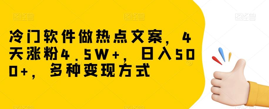 冷门软件做热点文案，4天涨粉4.5W+，日入500+，多种变现方式【揭秘】-泱泱学习社